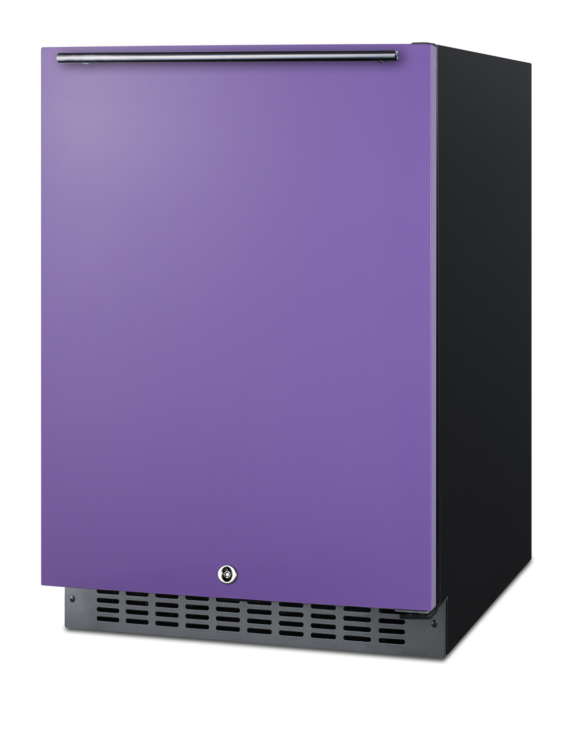 24 in. wide built-in undercounter ADA compliant all-refrigerator with lavender purpose door, stainless steel handle and kickplate, and black cabinet